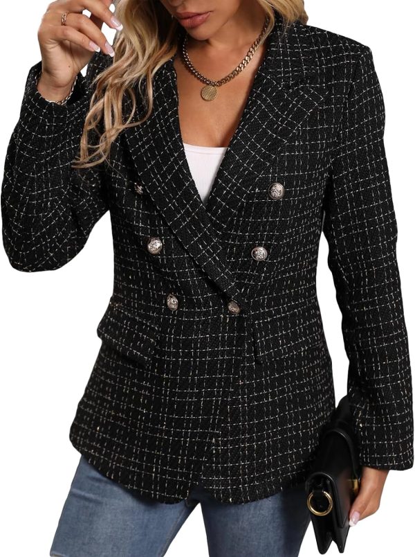 Womens Casual Blazer 2024 Spring Open Front Business Work Tweed Plaid Jacket Suit Pocket (S-XXL)