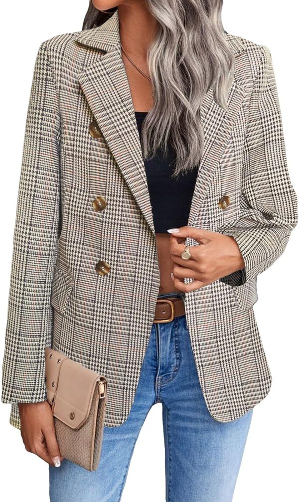 Womens Casual Blazer 2024 Spring Open Front Business Work Tweed Plaid Jacket Suit Pocket (S-XXL)