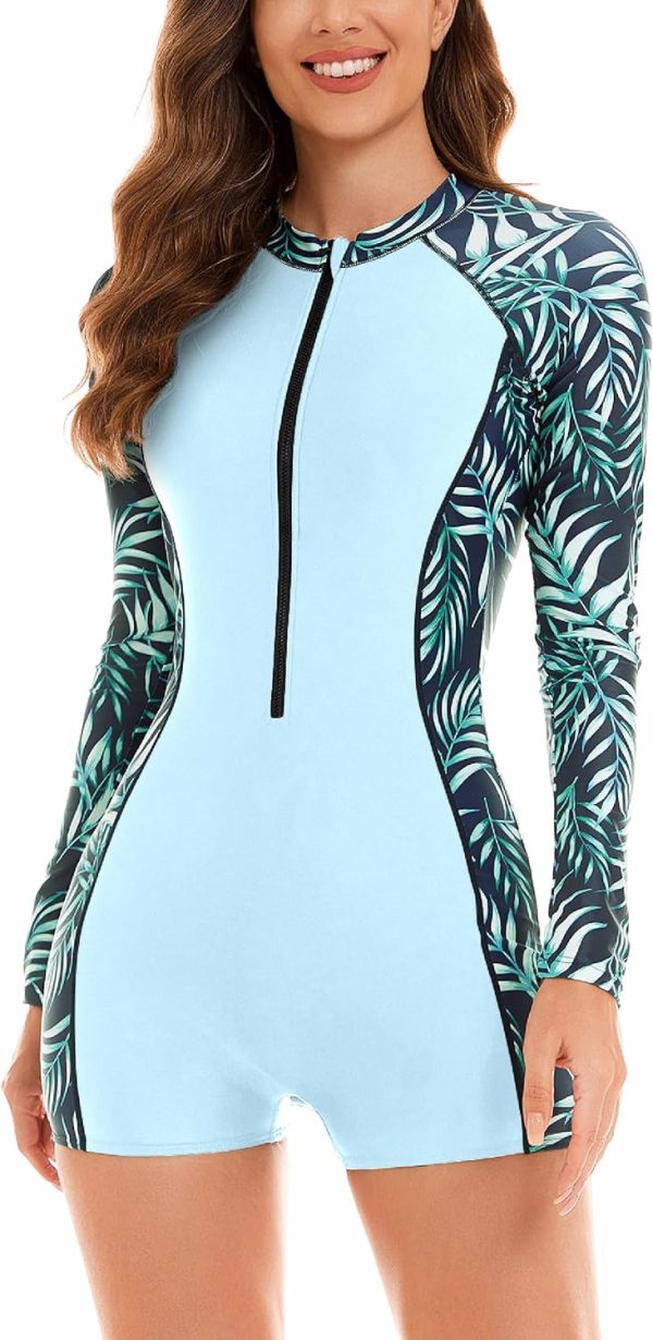 Women Zip Rash Guard Long Sleeve One Piece Splice Swimsuit UPF 50+ Tummy Control Surfing Bathing Suits Boyshort Bottom