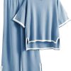 Womens Knit 2 Piece Sweater Sets Short Sleeve Pullover Tops Elastic Waist Wide Leg Pants Lounge Set