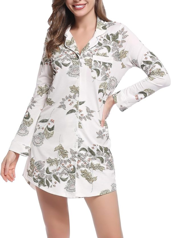 81tdsfzTR8L._AC_SL1500 Womens Bamboo Viscose Sleep Shirt Long Sleeve Button Down Nightgowns Boyfriend Nightshirt S-XXL